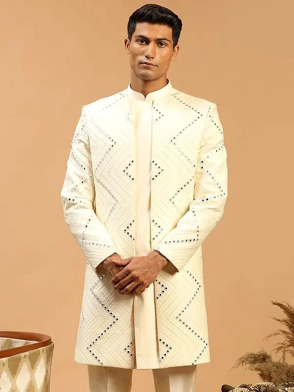 Cream Viscose Zig-Zag Pattern Mirror Work Indo Western Sherwani Only Top