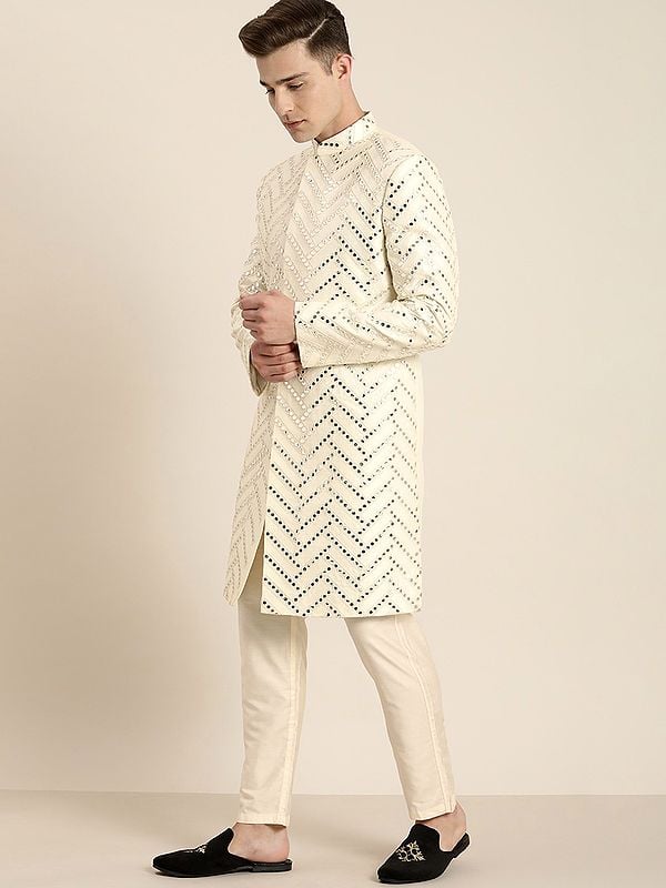 Cream Silk Blend Indowestern Mirror Work Sherwani With Viscose Blend Pant Style Pajama