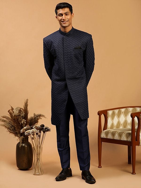 Silk Blend Jacquard Weave Designer Sherwani With Viscose Pant Style Pajama