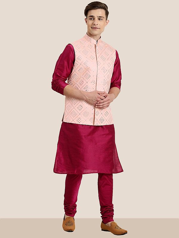 Pink Poly Viscose Kurta Pajama With Silk Blend Mirror-Thread Embroidery Nehru Jacket