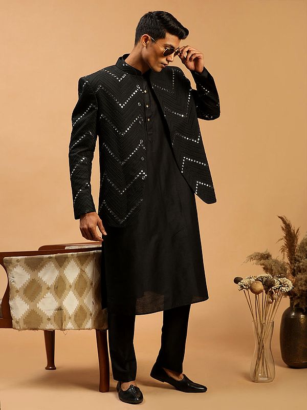 Viscose Plain Kurta Pajama With Viscose Mirror Embroidered Chevron Pattern Jodhpuri Coat