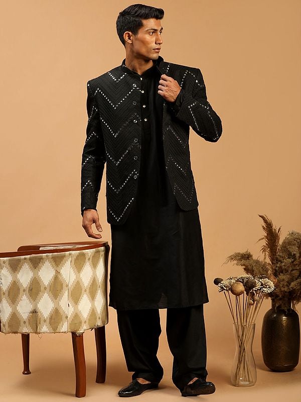 Black Viscose Plain Kurta with Patiala Pant and Viscose Mirror Work Chevron Pattern Jodhpuri Coat