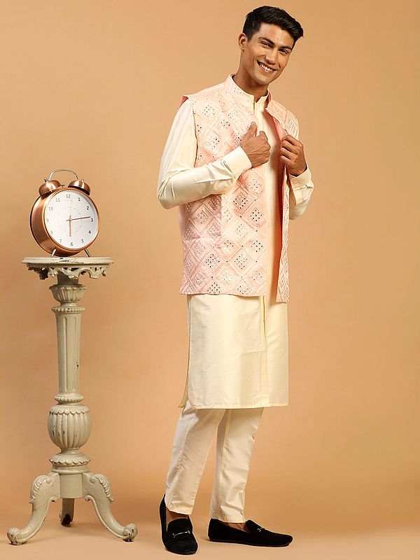 Viscose Front Open Kurta with Pant Style Pajama and Chowkadi Motif Thread-Mirror Embroidered Nehru Jacket
