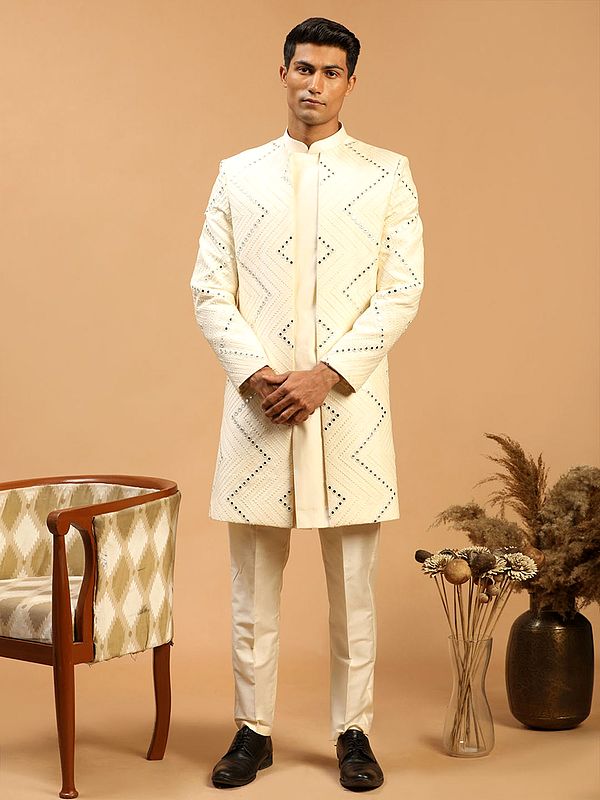 Cream Viscose Zig-Zag Pattern Mirror Work Achkan Coat with Pant Style Pajama