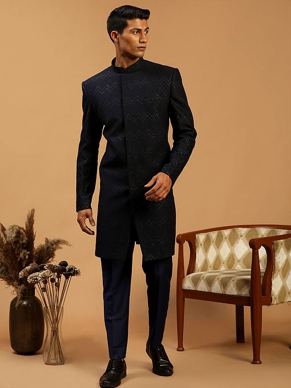 Silk Blend Chevron Pattern Achkan Coat With Pant Style Viscose Pajama