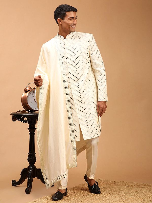Cream Silk Blend Mirror Embroidered Sherwani With Viscose Blend Pant Style Pajama & Viscose Dupatta