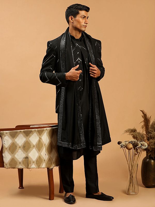 Black Viscose Plain Kurta Pajama With Mirror Embroidered Chevron Pattern Jodhpuri Coat With Dupatta