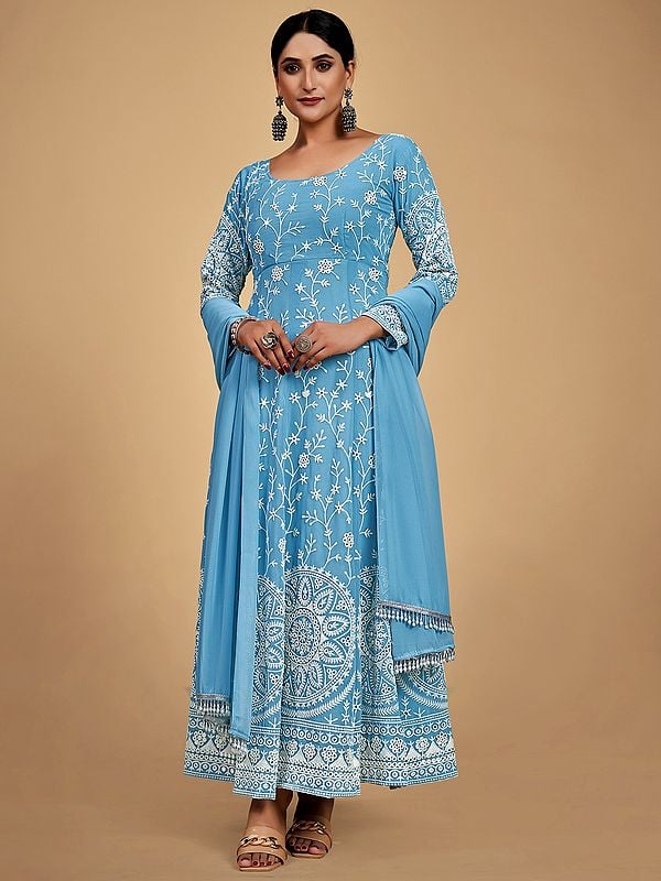 Sky-Blue Cotton Mandala-Chakra Motif Pant Style Anarkali Suit with Thread-Gota Embroidery and Beaded Border Dupatta