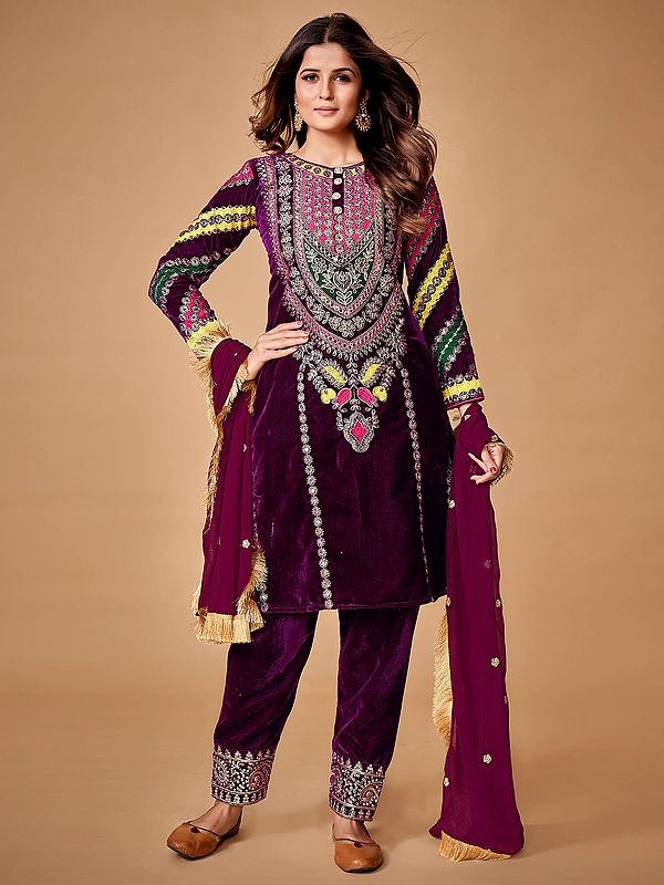 Wine Velvet Meenakari Motif Pakistani Suit With Sequins-Dori Embroidery And Kiran Border Dupatta
