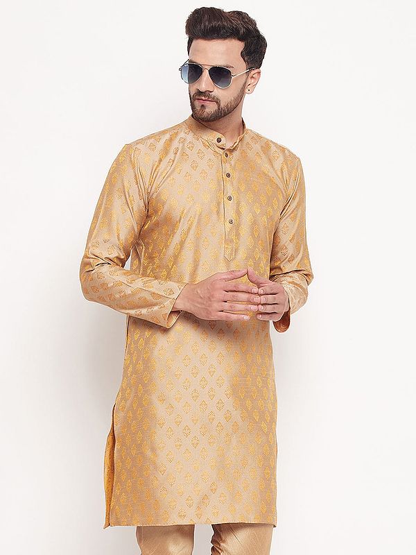 Silk Blend Jacquard Kurta with Floral Butta on All-Over