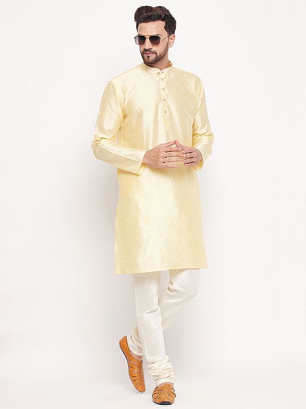 Jacquard Silk Blend Butti Motif Kurta With Cream Churidar Pajama