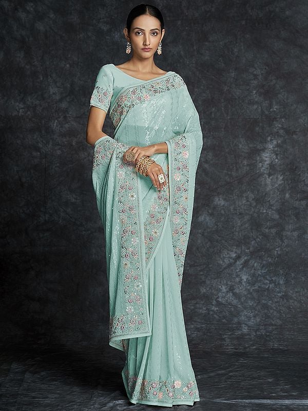 Georgette Saree with Sequins-Thread Embroidery and Meena Work Floral Motif Border