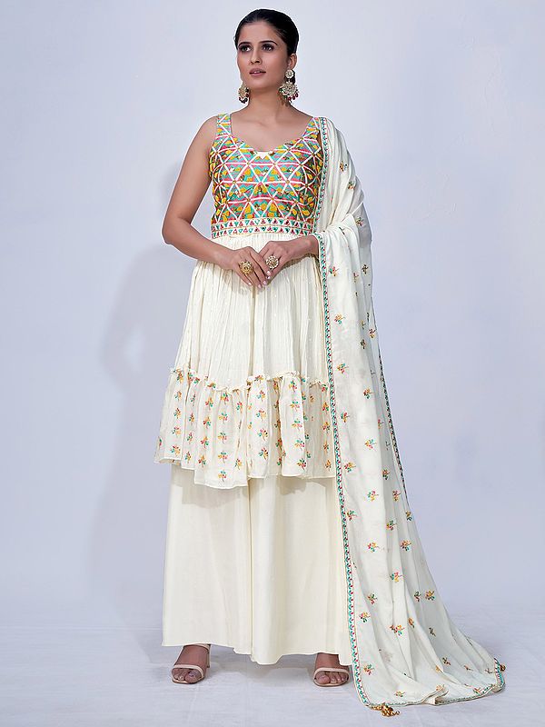Off-White Chiffon Salwar Embellished in Floral Embroidery with Palazzo and Latkan Dupatta