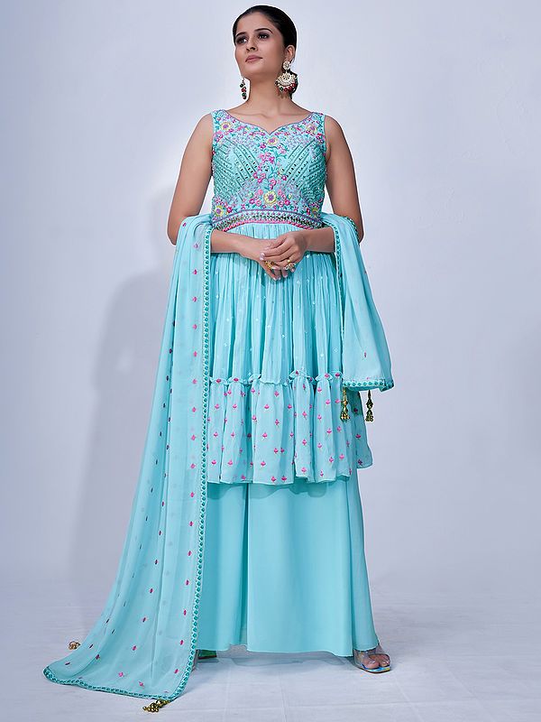 Aqua Blue Chiffon Salwar Embellished in Floral Embroidery with Palazzo and Latkan Dupatta