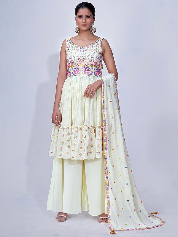 Cream Chiffon Salwar Embellished in Floral Embroidery with Palazzo and Latkan Dupatta