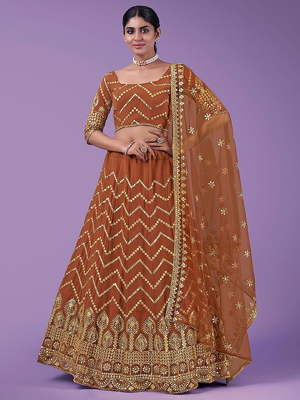 Russet Georgette Lehenga Choli Set with Soft Net Dupatta Embellished Chevron Motif with Sequins and Zari Embroidery