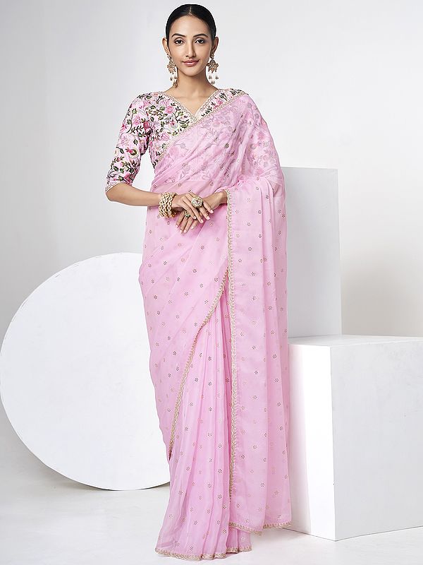 Baby-Pink Organza Butti Motif Thread-Sequins Embroidered Saree and Art Silk Blouse with Scalloped Border