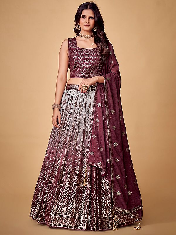 Purple Georgette Lehenga Choli Set with Dupatta Embellished with Geomatic Motif Sequins Embroidery