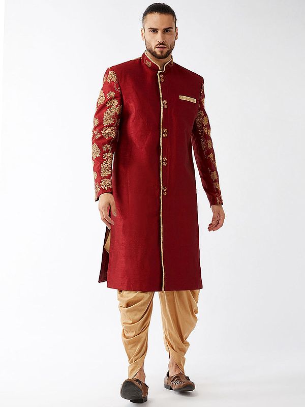 Maroon Silk Blend Embroidered Sherwani with Cotton Blend Patiala Dhoti