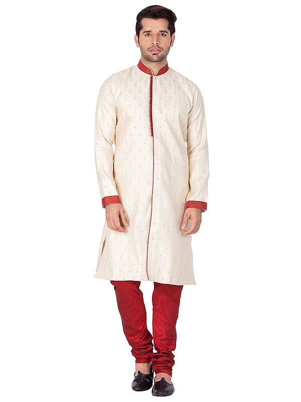 Cotton Silk Brocade Ogee Pattern Sherwani with Churidar Pajama