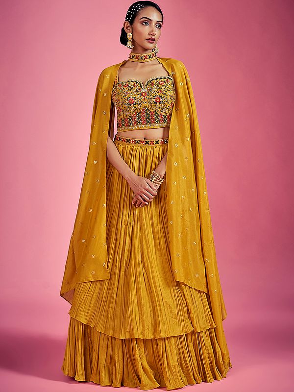 Fixation- Chinon Double Layered Lehenga Choli Embellished In Mirror Work With Cutdana Embroidery And Matching Dupatta