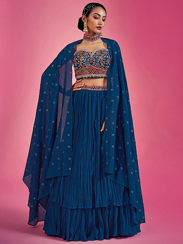Fixation- Chinon Double Layered Lehenga Choli Embellished In Mirror Work With Cutdana Embroidery And Matching Dupatta