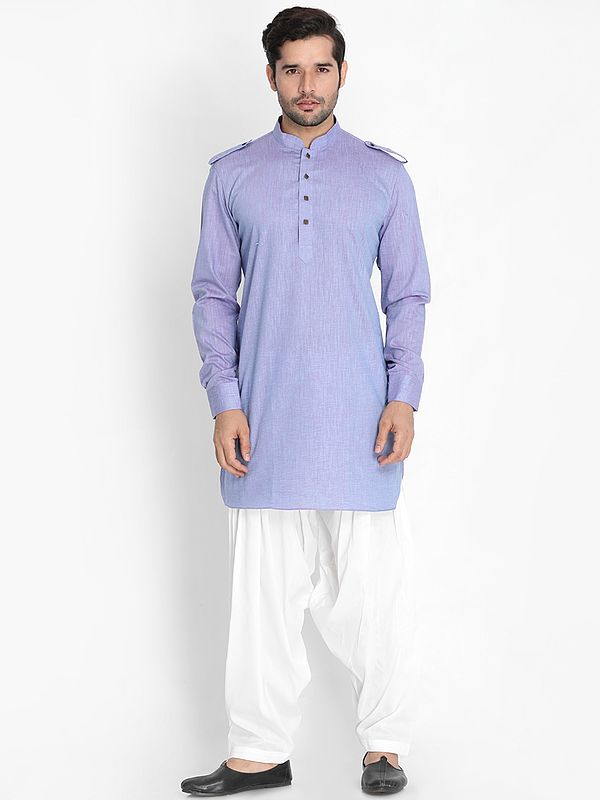 Cotton Blend Mid Length Pathani Style Cuff Kurta with Afghani Style Patiala Pant