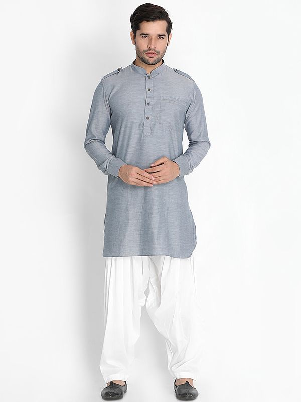 Cotton Blend Basket Weave Front Pocket Pathani Kurta with Afghani Style Pajama