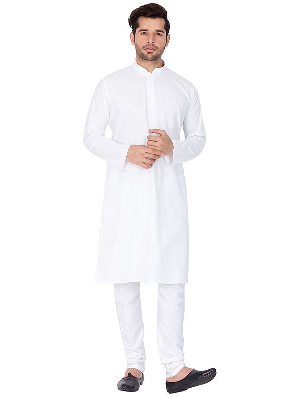 White Cotton Blend Kurta with Churidar Pajama