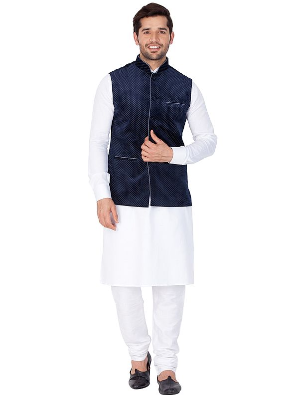 Cotton Blend White Kurta Pajama with Digital Polka Printed Velvet Modi Jacket