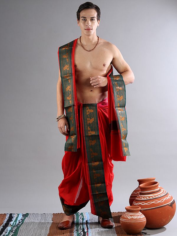 True-Red Dhoti and Angavastram Set with Woven Shivlinga- Nandi Design Wide Green Border (Drape Dhoti)