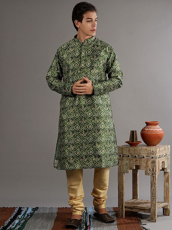 Bandhani Print Cotton Silk Mandarin Collar Kurta-Pajama Set