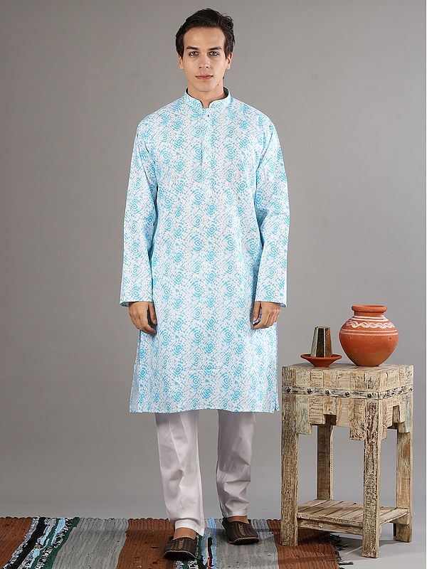 Tie-Dye Hexagon Pattern Print Mandarin Collar Cotton Kurta-Pajama Set