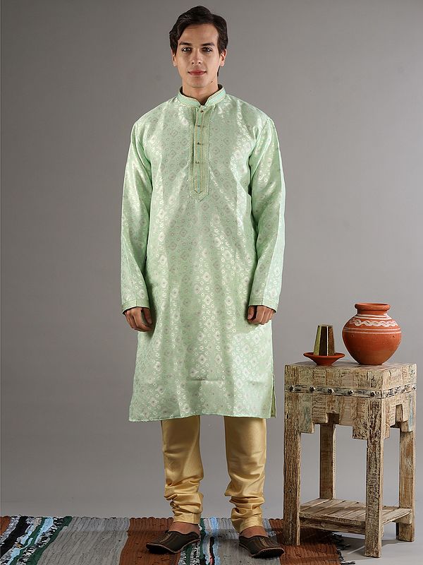 Resham Brocade Work Light Green Cotton Silk Kurta With Beige Pajama Set