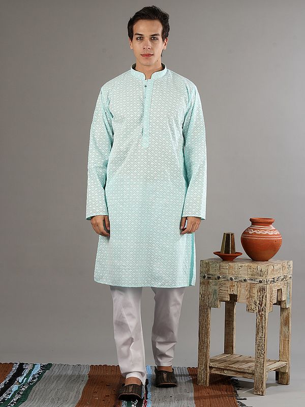 Aqua Color Diamond Pattern Thread Work Kurta With White Pajama Set