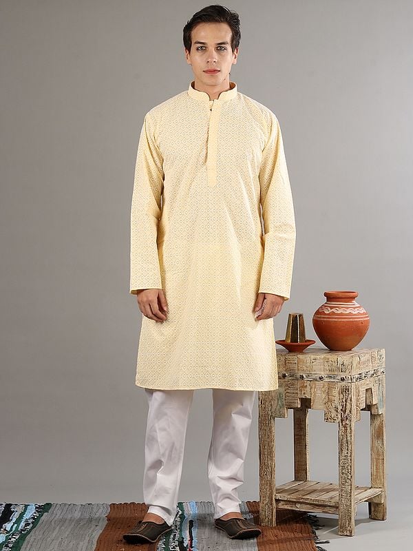 Seamless Geometric Texture With Spiral-Diamond Element Embroidered Pale Yellow Kurta With White Pajama Set