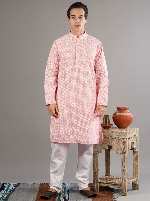 Flawless Floral Lattice Pattern Contrast Thread Work Pink Kurta with White Pajama Set