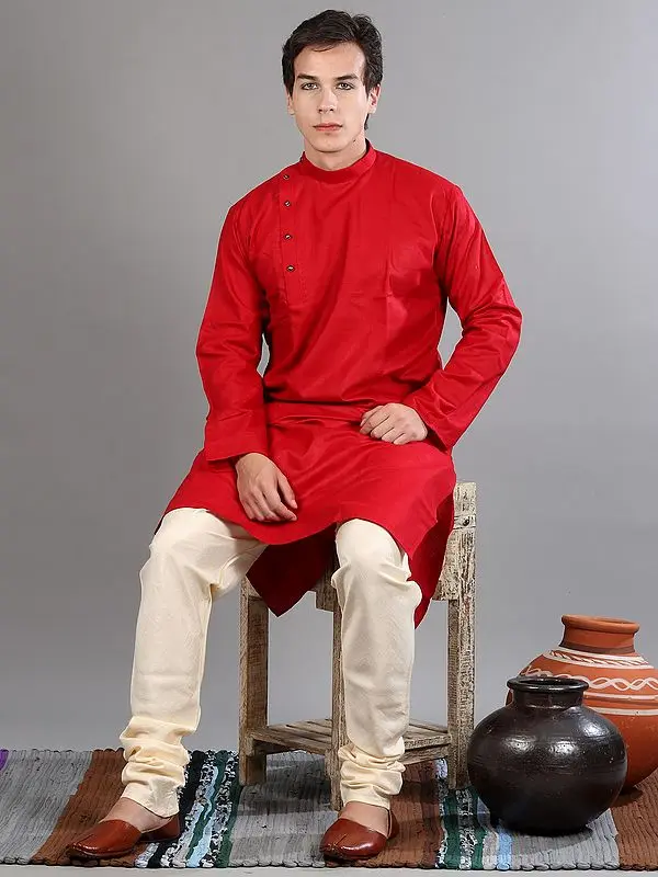Side Button Solid Polycotton Kurta-Pajama Set