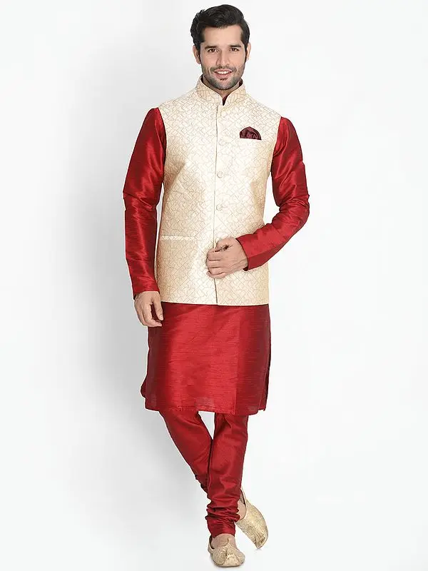 Maroon Silk Blend Kurta Pajama with Abstract Pattern Embroidered Cream Modi Jacket