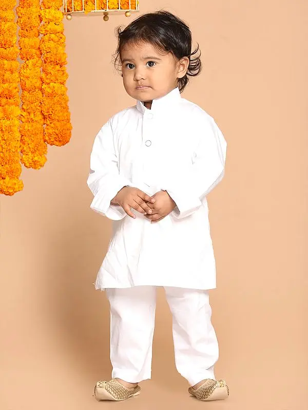 White Cotton Buttoned Cuff Kurta and Pajama