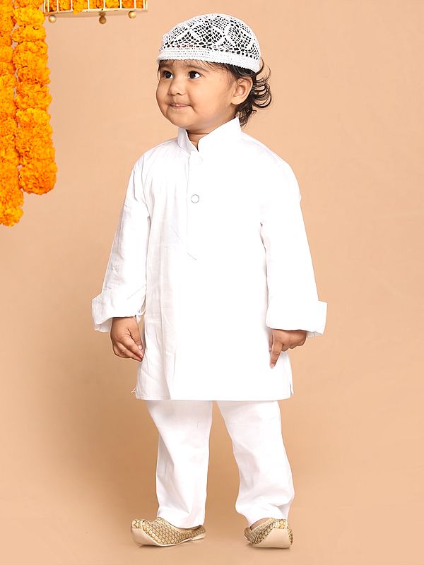 White Cotton Plain Cuffed Sleeves Kurta Pajama with Prayer Cap