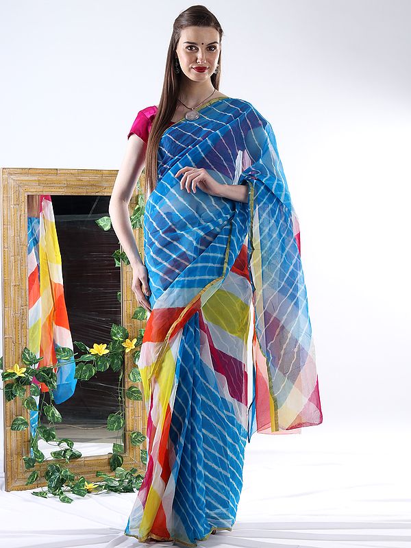 Multicolor Combination Leheriya Chiffon Saree with Fine Golden Border