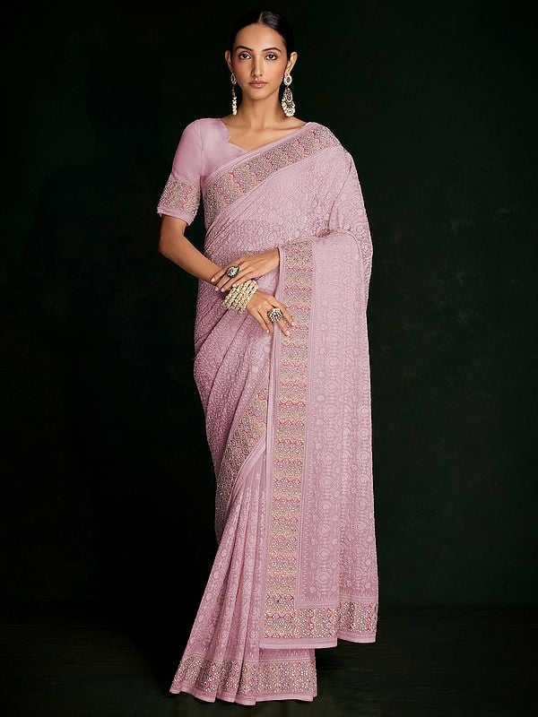 Georgette Heavy Lucknowi Work Saree with Ogival Pattern Border