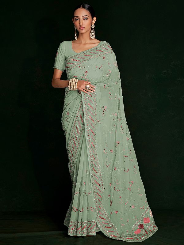 Georgette Beautiful Lucknowi Work Saree with All-Over Leaf Vine Motif
