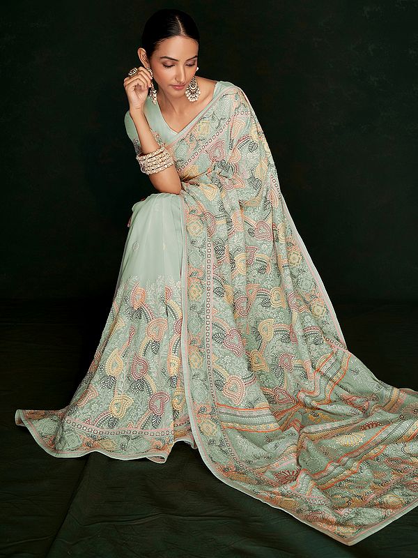 Georgette Designer Lucknowi Work Saree With Multicolor Betel Leaf Motif