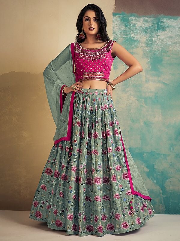 Chinon Floral Digital Printed Lehenga With Art Silk Handwork Choli And Georgette Latkan Dupatta