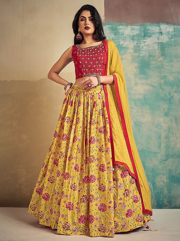 Yellow Chinon Phool Printed Lehenga With Art Silk Handwork Choli And Georgette Latkan Dupatta