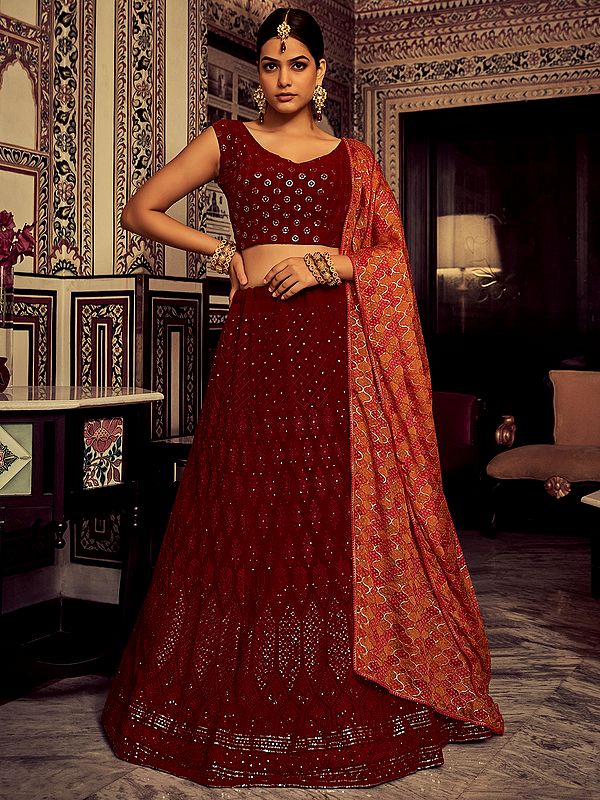 Maroon Georgette Embellished Lehenga Choli With Thread-Sequins Work And Silk Designer Dupatta