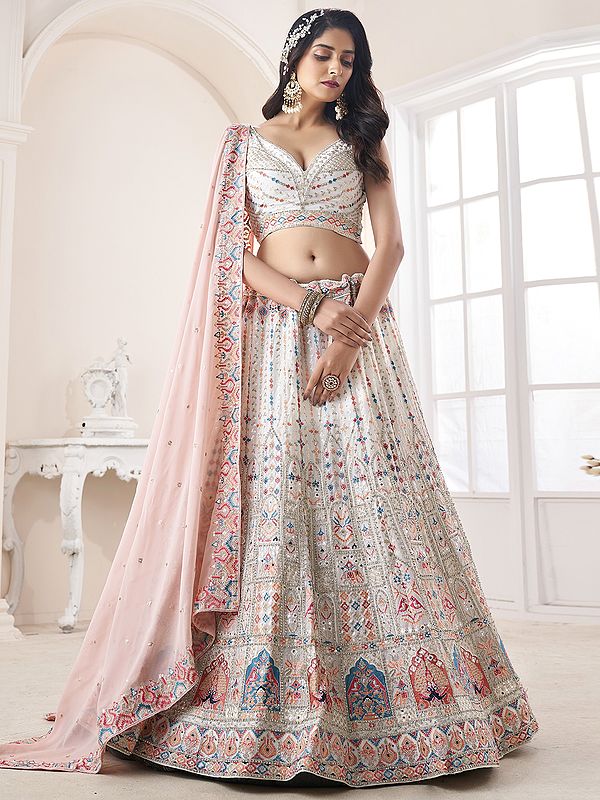 White Soft Net Meena Bird Motif Lehenga Choli With Thread, Zari, Sequins, Zarkan Work With Dupatta