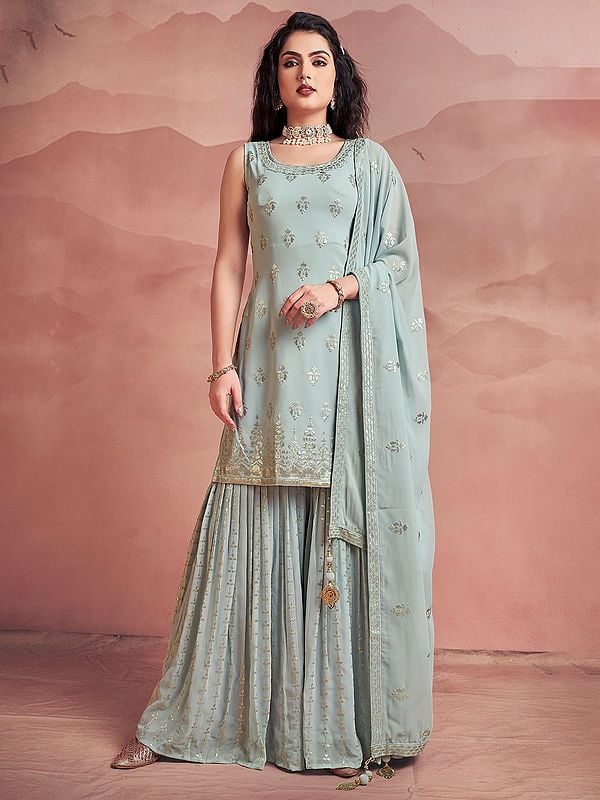 Smoke Georgette Sequins Embroidered Sharara Suit With Dupatta